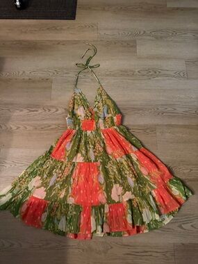 Free People Green & Coral Floral Halter Dress